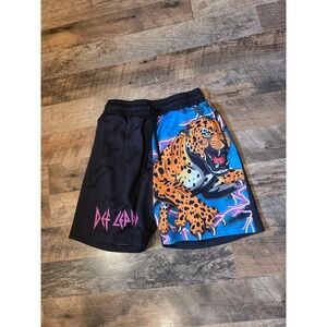 Vintage Def Leppard Graphic Mesh Shorts Mens Small Black Blue Leopard Rock Band